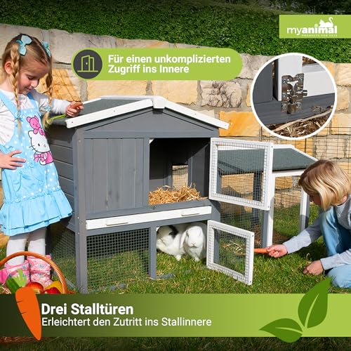 Miweba MyAnimal Hasenstall MH-03 | Kaninchenstall mit Freilaufgehege - Hasenkäfig - Kleintierkäfig - Holz imprägniert - Kaninchenkäfig Winterfest - Kleintiergehege - Käfig - Hasenhaus (Grau/Weiß)