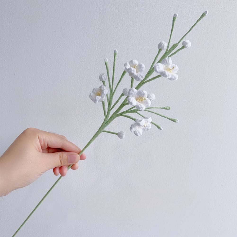 4 Pieces Completed Crochet Plum Blossoms Bouquet Handmade Artificial Plum Blossoms Branch with Long Stem for Wedding Office Party Hotel Home Decor,Vase Not Included (White)