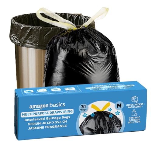 Image of Amazon Basics Multipurpose Drawstring Garbage Bags | Medium | 30 Count | Heavy Duty Garbage Bag | Jasmine Fragrant Garbage Bag | Odour Control | No Tear Removal