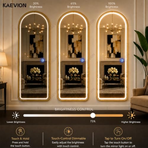 Image of 5 x 2 ft Arched Full-Length LED Mirror 5mm Glass, 3-in-1 Dimmable LED Light, Smart Touch Sensor, Gold Metal Frame Vanity Standing Mirror for Bedroom, Living Room & Dressing Room