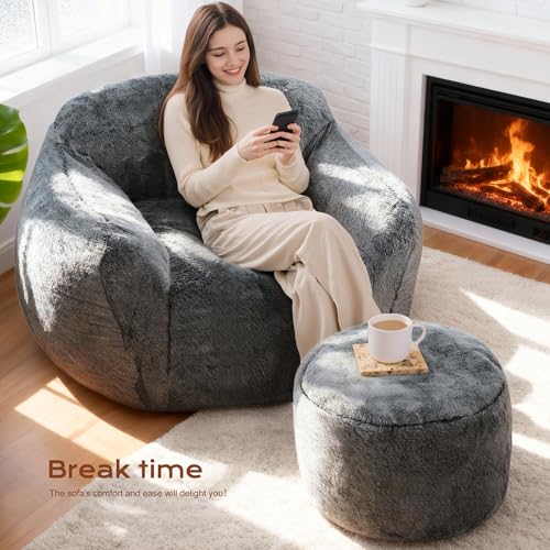 Image of Homguava Giant Bean Bag Chairs for Adults,Large Bean Bag Couch with Ottoman | Big Beanbag Chair with Memory Foam Filled,Oversized Bean Bag Sofa,Faux Fur Floor Sofa Chair for Bedroom Living Room-Grey