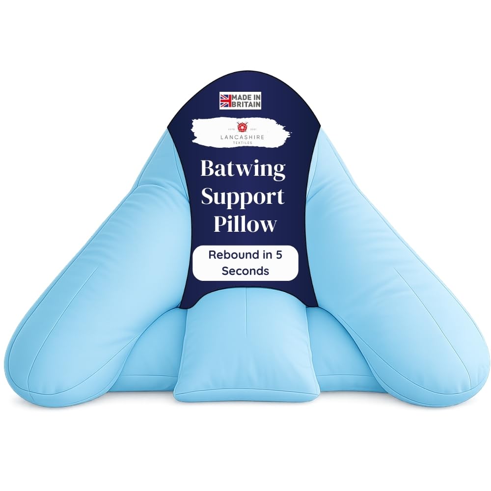 Lancashire Textiles Light Blue Orthopaedic Batwing Shaped Neck & Back Support Pillow For Help With Cushioning And Sitting Complete With Removable Pillowcase