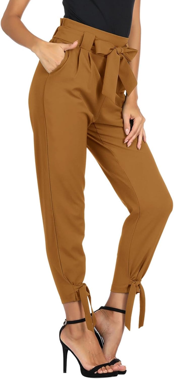 GRACE KARIN Womens Casual High Waist Pencil Pants with Pockets Bow-Knot Cropped Paper Bag Pants for Work