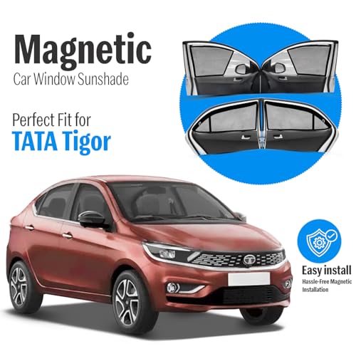 Image of Autofact Magnetic Car Sunshades Compatible with Tata Tigor (Set of 4) - Easy Installation, UV Protection, Keeps Car Cool (Front 2 Half-Cut for Side Mirror Visibility, Rear 2 with Zippers)