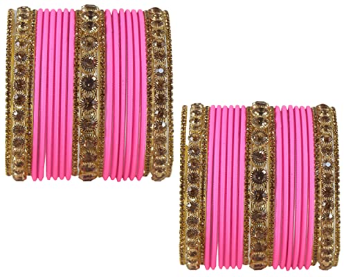 Image of NMII Non-Precious Metal Base Metal and Studded Zircon Gemstone and Matte Finish Worked Bangle set for Women /Girls