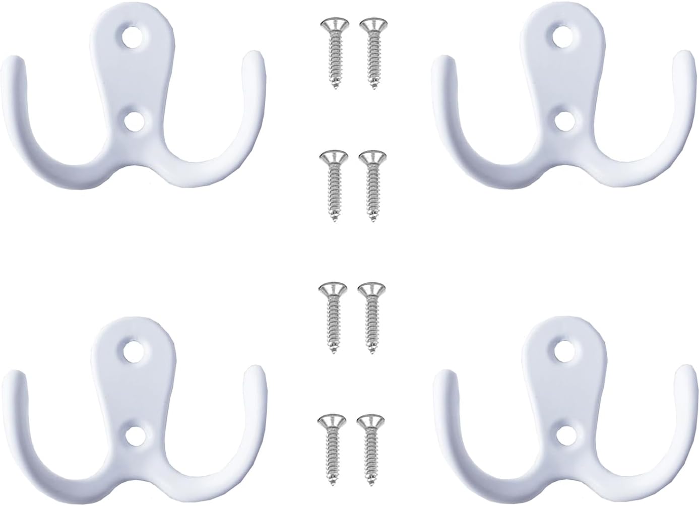 Yesmin 4 Pcs Double Prong Robe Hooks, Dual Coat Hooks Wall Mounted Hanging Clothes for Bathroom Bedroom Door Wall Retro Metal Cloth Hanger Double Coat Hooks with 8 Screws (White)