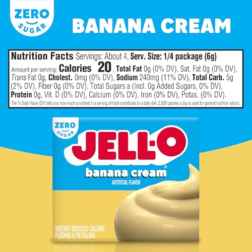 Image of Jell-O Zero Sugar Banana Cream Instant Pudding & Pie Filling Mix, Fat Free, Reduced Calorie Dessert for Pies, No-Bake & Baking Recipes, 0.9 oz (Pack of 6)