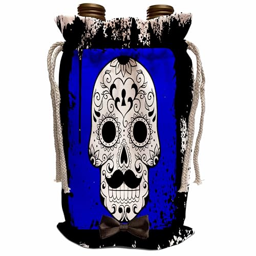 Wine Bag - Day of the Dead. Mustache. Bow tie. Unique design. Sugar Skull