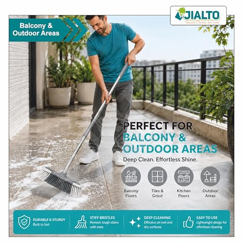 Image of JIALTO Floor Cleaning Broom with Long Stainless Steel Handle, Soft Dense Bristles, Adjustable Extendable Rod, Multipurpose Sweeping Brush for Home, Kitchen, Bathroom & Outdoor Cleaning