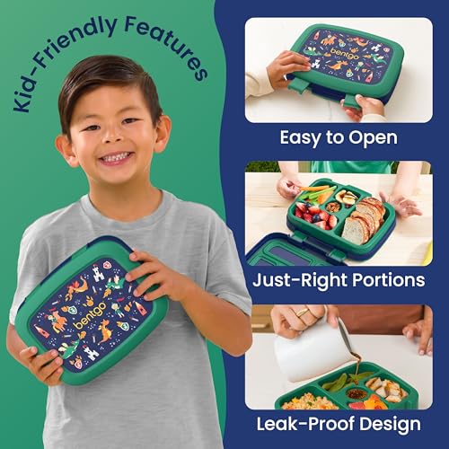 Image of Bentgo Kids Prints Leak-Proof, 5-Compartment Bento-Style Kids Lunch Box - Ideal Portion Sizes for Ages 3-7, Durable, Drop-Proof, Dishwasher Safe, PFAS- & BPA-Free Materials (NEW Dragons & Knights)