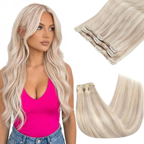 Image of Sunny Hair Clip in Hair Extensions Real Human Hair Blonde Highlight 14inch | Human Hair Clip in Extensions for Women , Natural Blend and Soft Hair, Easy to Apply & Remove for Work & Weekend 85g