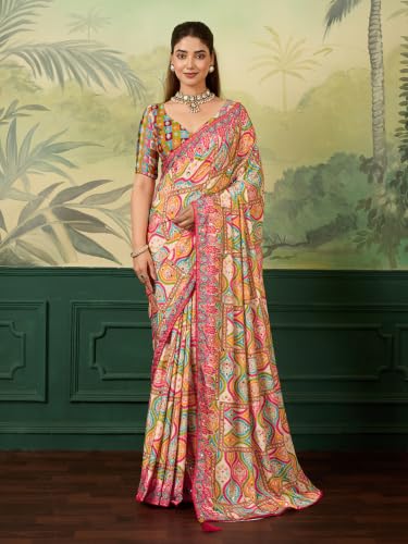 Image of Multi-Color Paisley Print Saree for Women | Fancy Mirror Work Traditional Saree with Blouse Piece