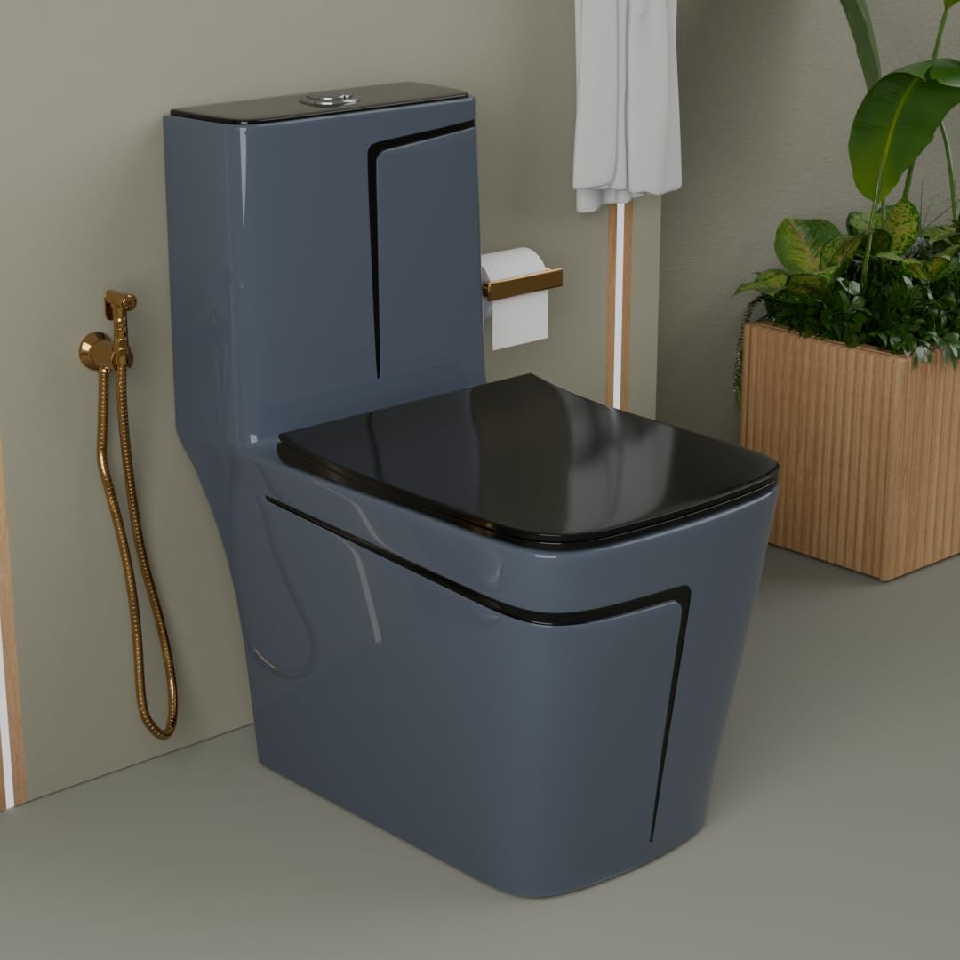 Premium Ceramic Western Toilet Commode One Piece | S-Trap Floor Mounted EWC | Wash Down Flushing System | Soft Close Seat Cover | Water Closet for Bathroom (GREY & BLACK LINE)-image-1