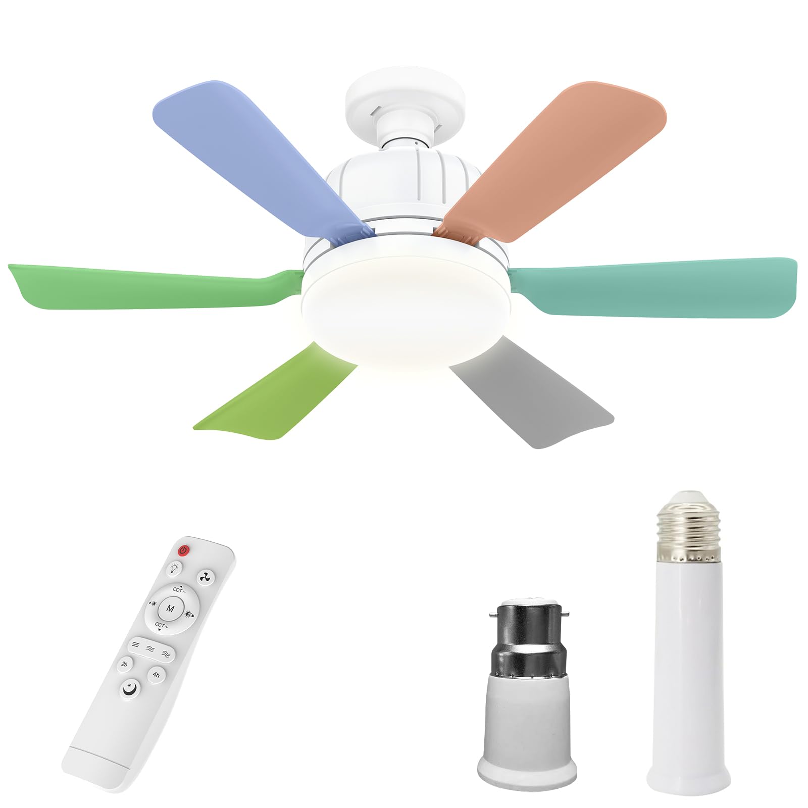 Kouamor 46cm Ceiling Fans with Lights and Remote, Ceiling Fans Light bulb, E27 Screw Light Bulb Fan, 3 Colors & 3 Speeds, 2/4h Timer, for Bedroom Living Room (colorful+extension rod)