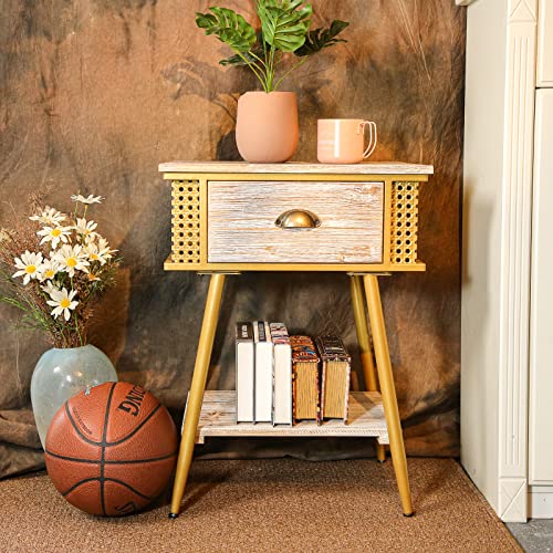 Hoeneo End Table With 1 Drawer,Solid Wood Sofa Side Table,Bedroom Storage Nightstand,Rustic Furniture Easy Assembly (Gold) #TOP6