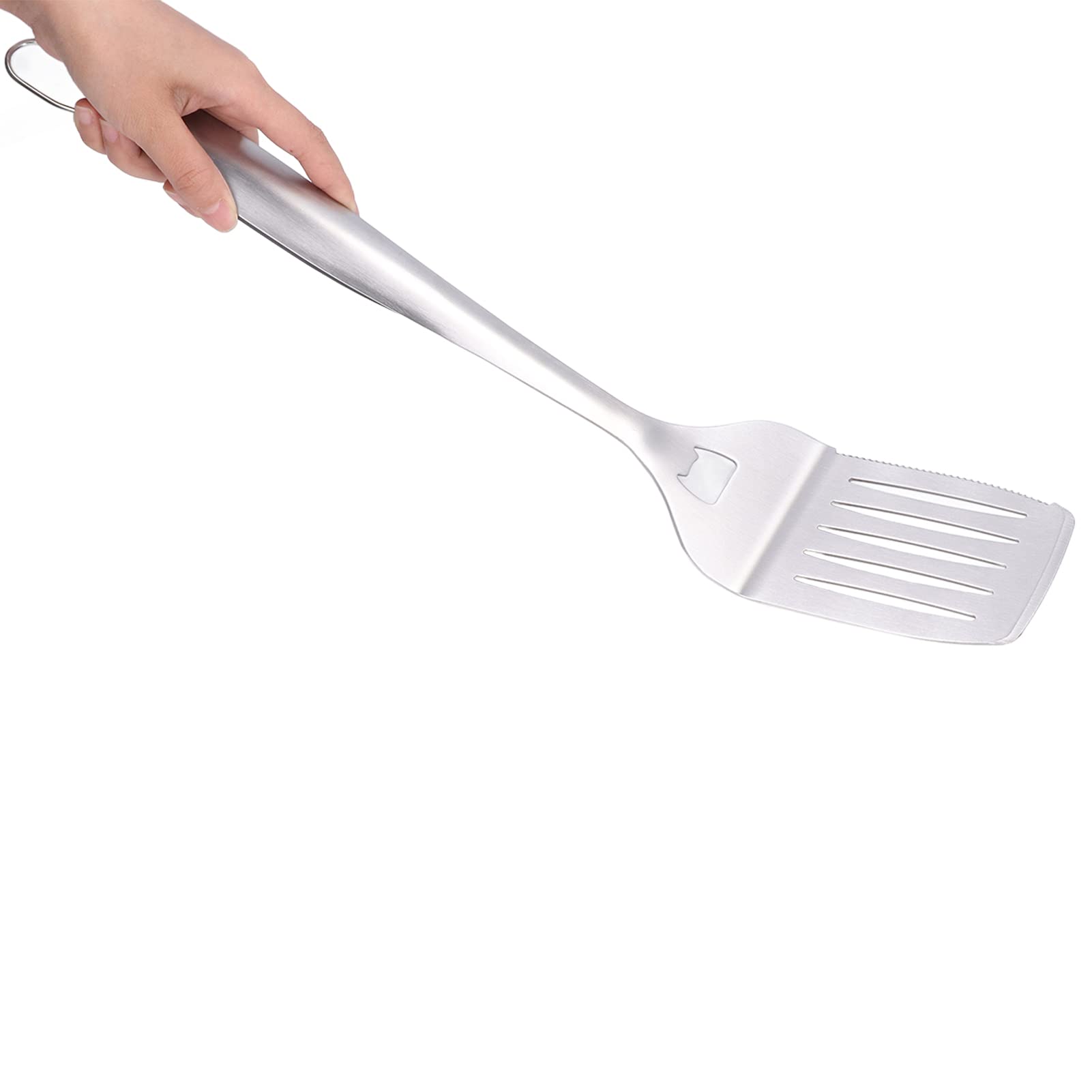 Espátula de metal con ranura ranurada de acero inoxidable, utensilio de cocina resistente con mango de agarre largo y mango de fácil agarre para freír, cocinar, escurrir