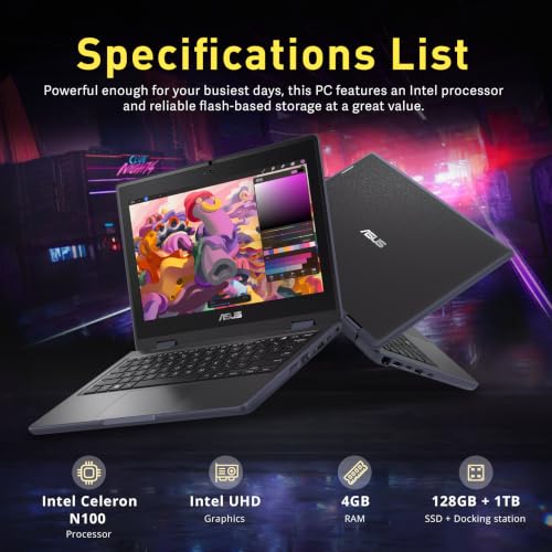 Image of ASUS 11.6 inch HD 2-in-1 Touchscreen Laptop, Intel Celeron N100, 4GB RAM, 1.12TB Storage (128GB SSD+1TB Dock), Intel UHD Graphics, Durable, WiFi 6, Webcam, Win 11 Pro, Gray