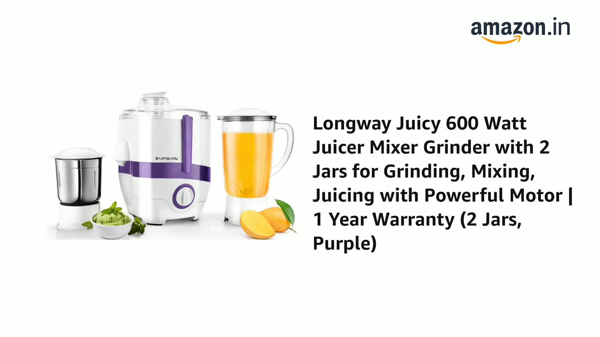Watch Longway Juicy 600 Watt Juicer Mixer Grinder with 2 Jars for