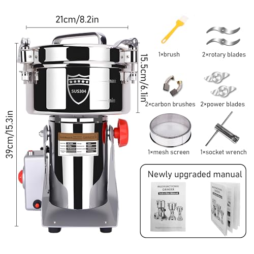 Goldtouch GetreidemüHle Elektrische 2000g 3600W Electric Grain Mill 32000U/min 304 Edelstahl Kommerzieller Motor mit Überlastschutz,70-300 Mesh Mehlmühle,Schaukelnde Basis Kornmühle für Reis,Zimt,Mais