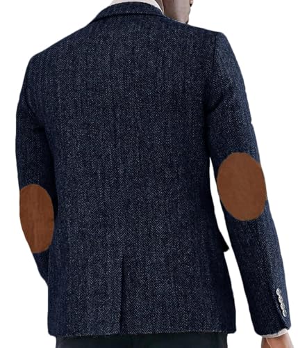 VENNYNG Men's Tweed Herringbone Blazer Jacket with Faux Suede Elbow Pads Vintage Single Breasted Navy