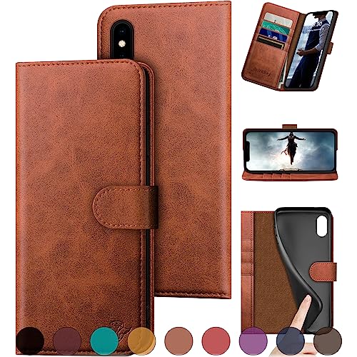DuckSky for iPhone X/XS Genuine Leather Wallet case ?RFID Blocking??4 Credit Card Holder??Real Leather? Flip Folio Book Phone case Protective Cover Women Men for apple XS case Light Brown