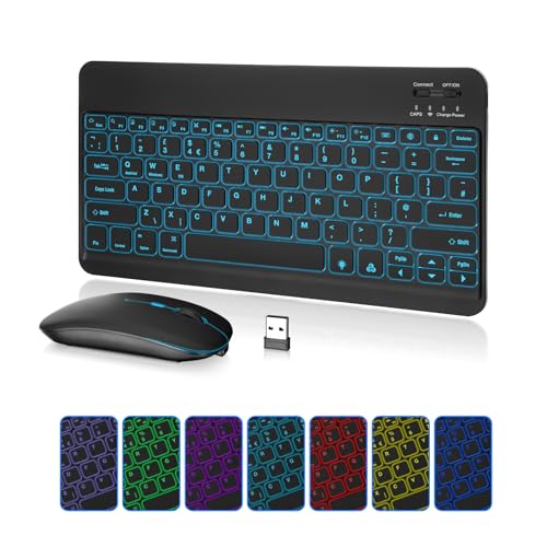 MAYPHY Kabellose Mini-Tastatur-Maus-Kombination, tragbare Tastatur mit 7-Farbiger Hintergrundbeleuchtung, 2,4G/BT-Dualmodus für iPad, Tablets, Laptops, leise Tasten und kompaktes Design, Schwarz MAYPHY Kabellose Mini-Tastatur-Maus-Kombination, tragbare Tastatur mit 7-Farbiger Hintergrundbeleuchtung, 2,4G/BT-Dualmodus für iPad, Tablets, Laptops, leise Tasten und kompaktes Design, Schwarz