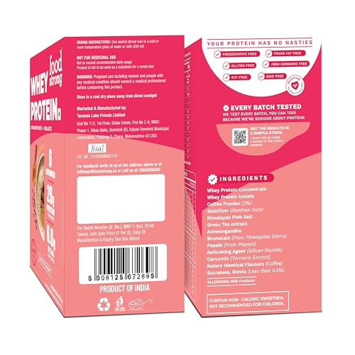 Image of Foodstrong Whey Protein Powder (Concentrate + Isolate), 100% Hormone Free Grass-Fed Whey, 26G Protein & 6.6G BCAA, Coffee, With Turmeric & Digestive Enzymes, 6 Sachets, 210G