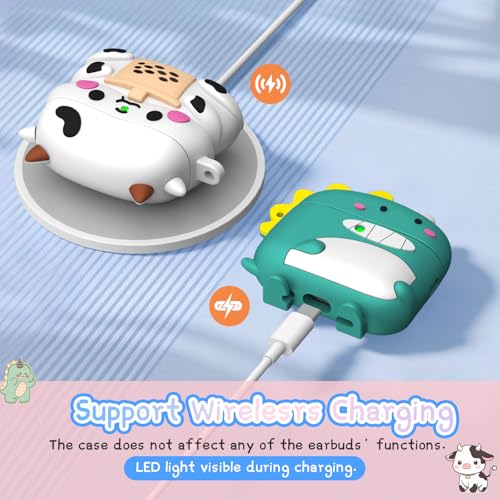 Image of [2-Pack] Cute Case for AirPods Pro 3 (2025), 3D Cartoon Funny Airpod Pro 3 Case Kawaii Design Silicone Cover Compatible for Airpods pro 3rd Generation with Keychain /Cleaner Kit (Dinosaurs + Cows)