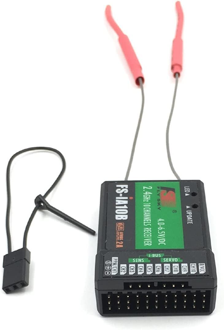 Flysky FS-IA10B 10-channel receiver with dual antennas and port labels.