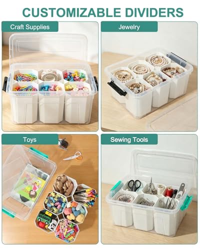 Image of EOENVIVS Clear Storage Boxes with 6 Tall Inserts, Large Plastic Organizer Box with Lid and Handles, 15.94x11.61x7.28 Inches, Multi-Functional Container for Cosmetics, Toys, School Supplies