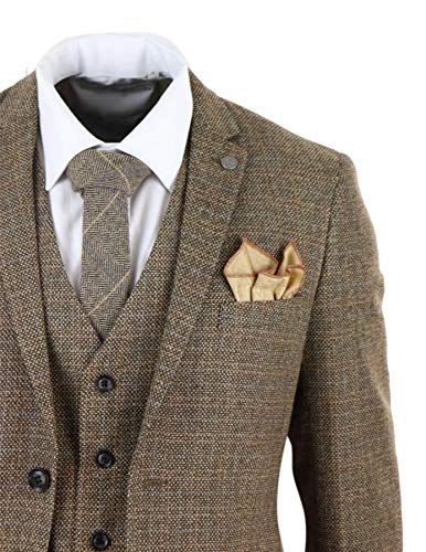 Mens 3 Piece Suit Tweed Check Vintage Retro Tailored Fit 1920S Brown #TOP4