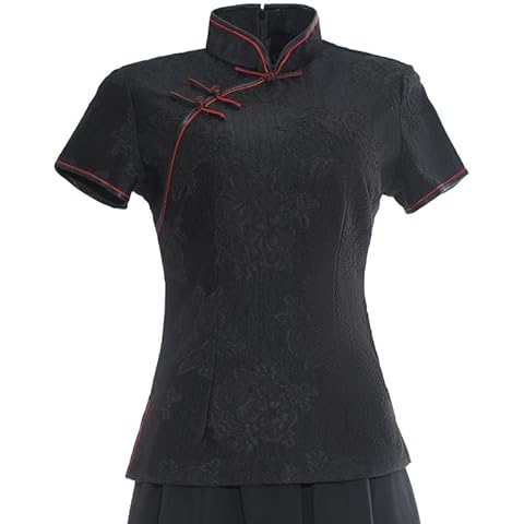 Shanghai Story Short Sleeve Chinese Blouse Traditional Top Qipao Shirt for Women Black 3XL Cover