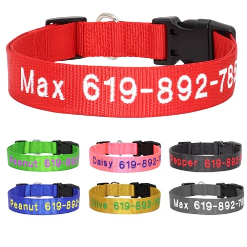 Personalisiertes Hundehalsband, kann mit dem Namen und der Telefonnummer des Haustiers Bestickt Werden, verstellbar, 5 Größen XS/S/M/L/XL, schnell freisetzbares Halsband, Rot