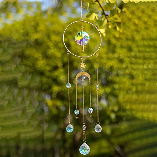 Carillon attrape-soleil en cristal - Pendentif en cristal doré lune étoile arc-en-ciel pneu esthétique - Décoration de fenêtre - Boule de cristal suspendue pour chambre, plafond, jardin
