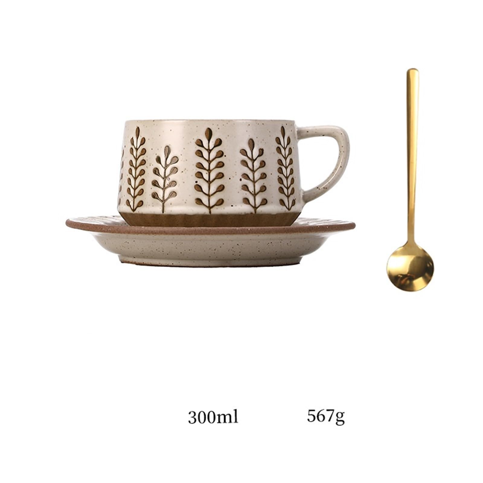 Taza Juego de taza café/té cerámica vintage con platillo y cuchara estampado hojas, 300 ml Oficina