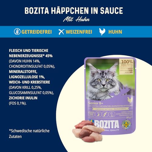 Bozita Nassfutter Senior 8+ Häppchen in Sauce mit viel Huhn - 12x85g Portionsbeutel getreidefreies & weizenfreies Futter für Katzen - Katzen Nassfutter mit 8,5% Protein & 4,5% Fettgehalt