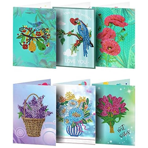 6 Pack Diamond Greeting Cards, Handmade Birthday Xmas Gift Postcard, 5D Diamond Drawing Cards Kit with Blank Envelopes, Rhinestone Embroidery Cross Stitch Craft by Numbers Crystal Art for Adults Kids Cover