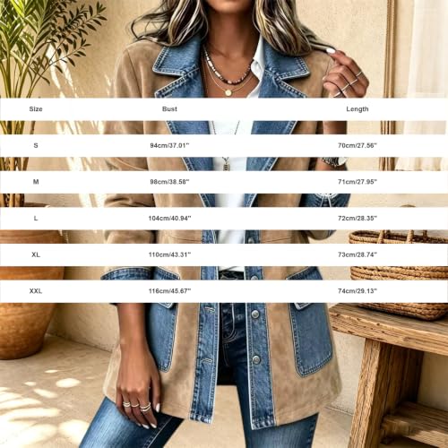 Faux Suede Denim Patchwork Jacket Women Barn Jean Blazer Brown - image 5