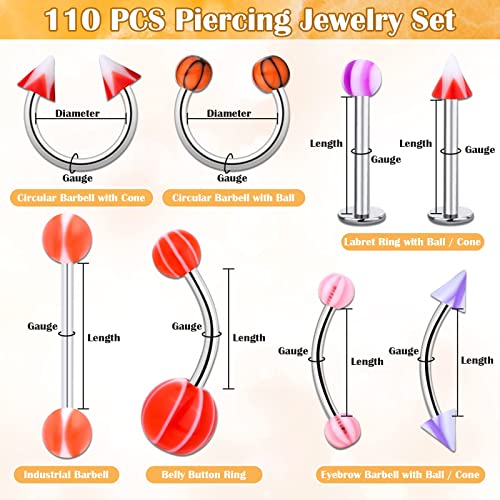 Cludoo 144Pcs Piercing Kit For All Piercings, Professional Body Piercing Kit Stainless Steel 14G 16G Colorful Piercing For Belly Button Septum Lip Nose Tongue Tragus Cartilage Daith Eyebrow #TOP4