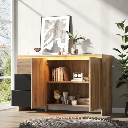KOMHTOM Buffet de Salon 120x76 cm avec LED Multicolore, Commode de Rangement 3 Tiroirs et 2 Portes, Meuble Industriel Cuisine, Naturel et Noir (120x76cm...