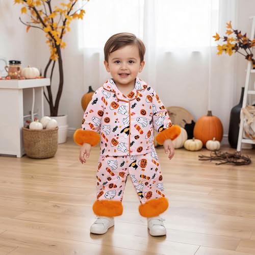 Kayotuas Halloween Pajamas Set Toddler Girl Pumpkin Pjs Feather Cuffs Button Down Shirt Pants Sleepwear Cute 2Pcs Loungewear2