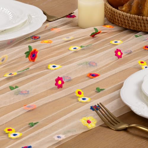 Image of MLMC Spring Floral Table Runner 10ft Seasonal Tulle Daisy Embroidery Table Runner Colorful Flower Holiday Kitchen Dining Table Decoration for Wedding Home Tea Party Outdoor Picnic Decor