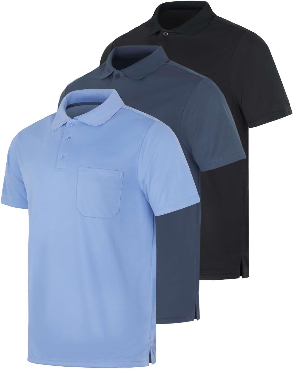 3 Pack: Mens Short Sleeve Dry-Fit Collared Polo Shirt with Pocket - Active Casual (Available Big & Tall)