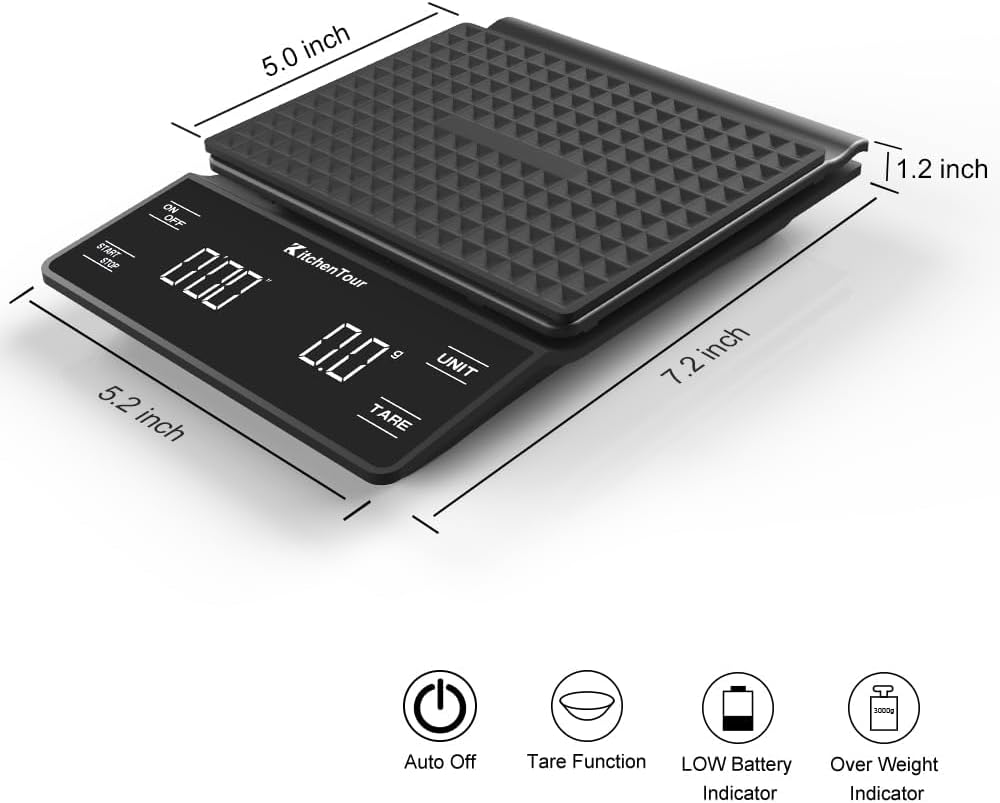 KitchenTour Coffee Scale with Timer 3kg/ High Precis Pour Over Drip