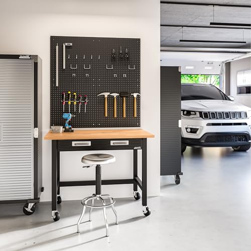 Seville Classics UltraGraphite Wood Top Workbench on Wheels with Sliding Organizer Drawer Table, 48', Graphite