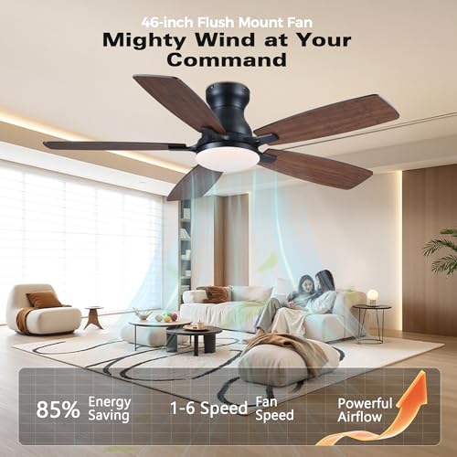 Image of JSAITEE Ceiling Fan with Lights and Remote Control - 46In Flush Mount Ceiling Fan with 3CCT Dimmable, 6 Wind Speeds and Timing, Low Profile Fan for Modern Bedroom, Kitchen, Living Room
