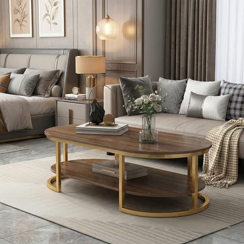 Image of Coffee Tables for Living Room Modern Coffee Table Oval Sofa Table Center Tables for Living Room 2 Tier Side Table Small Apartment Home Furniture Black Gold 2T (Gold Brown)
