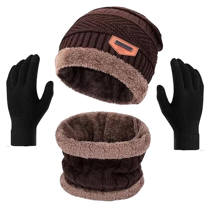 digital shopee Winter Knit Beanie Set with Neck Warmer Scarf and Gloves, Woolen 3-Piece Set, Fur Lined Warm Winter Wear for Men and Women-picture-31