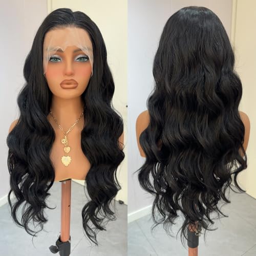 RONGDUOYI 13X4 Long Body Wave Black Synthetic Lace Front Wig for Women
