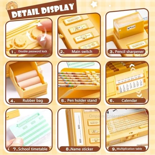 Image of Multifunctional Geometry Lock Pencil Box for Kids, Students, Boys & Girls, Magnetic & Passworld Lock Compass Box, Creamy Bear Theme School Return Gifts (Sweet Cream Bear)